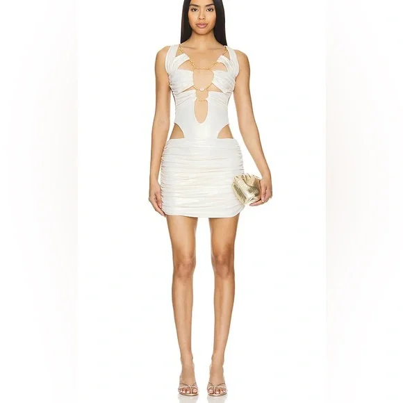 Di Petsa NEW Temptress Sun Mini Dress Gold Cut Out Ruched Size L